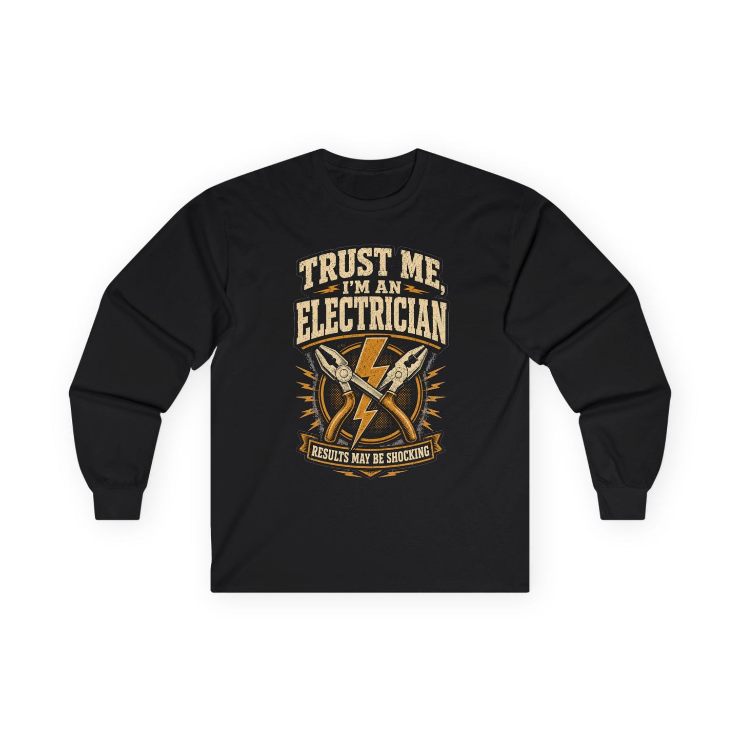 Black electrician long sleeve tee with vintage lightning bolt and crossed pliers 'Trust Me, I'm an Electrician' graphic