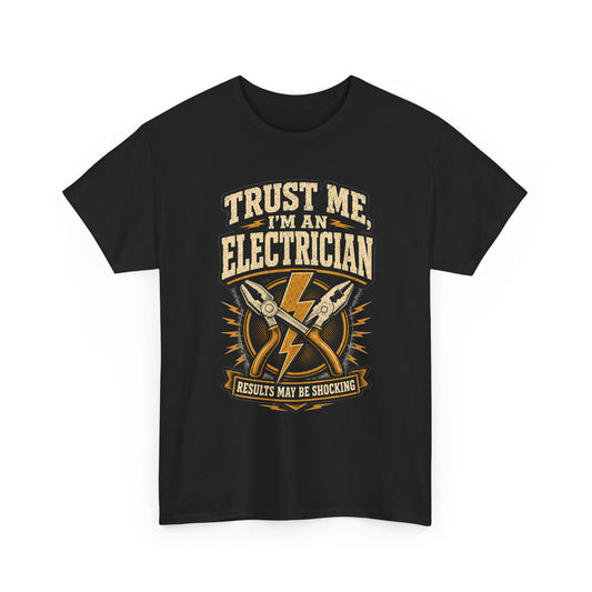 Black electrician t-shirt with vintage lightning bolt, crossed pliers and wrench and 'Trust Me, I'm an Electrician' graphic