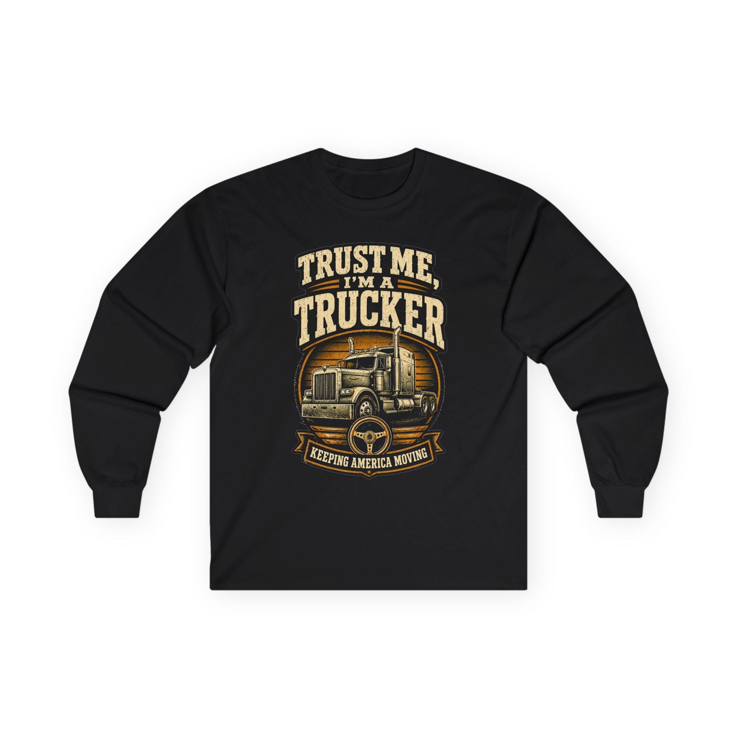 Black trucker long sleeve tee with vintage semi truck graphic and 'Trust Me, I'm a Trucker' lettering