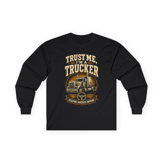 Black trucker long sleeve tee with vintage semi truck graphic and 'Trust Me, I'm a Trucker' lettering
