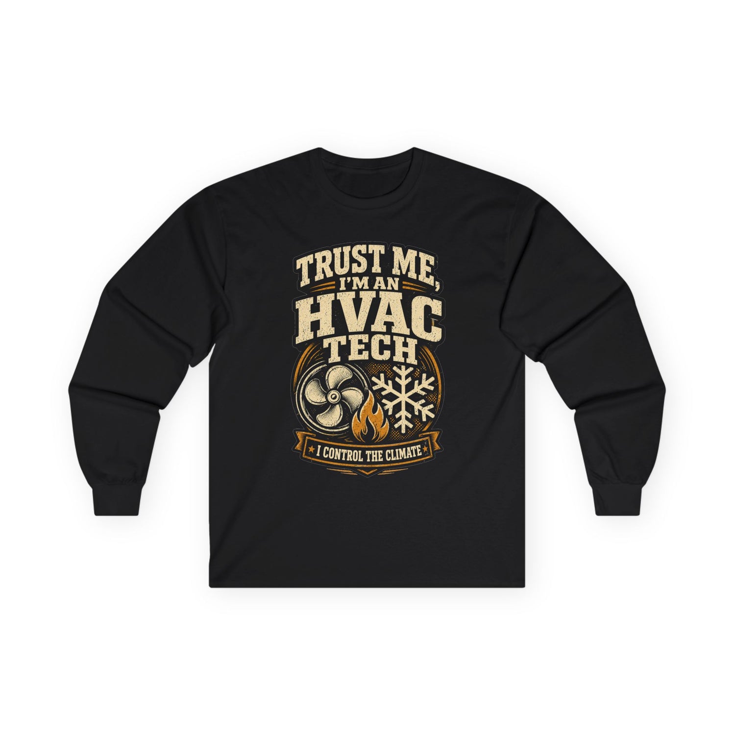 Black HVAC tech long sleeve tee with fan, flame and snowflake emblem 'Trust Me, I'm an HVAC Tech' graphic