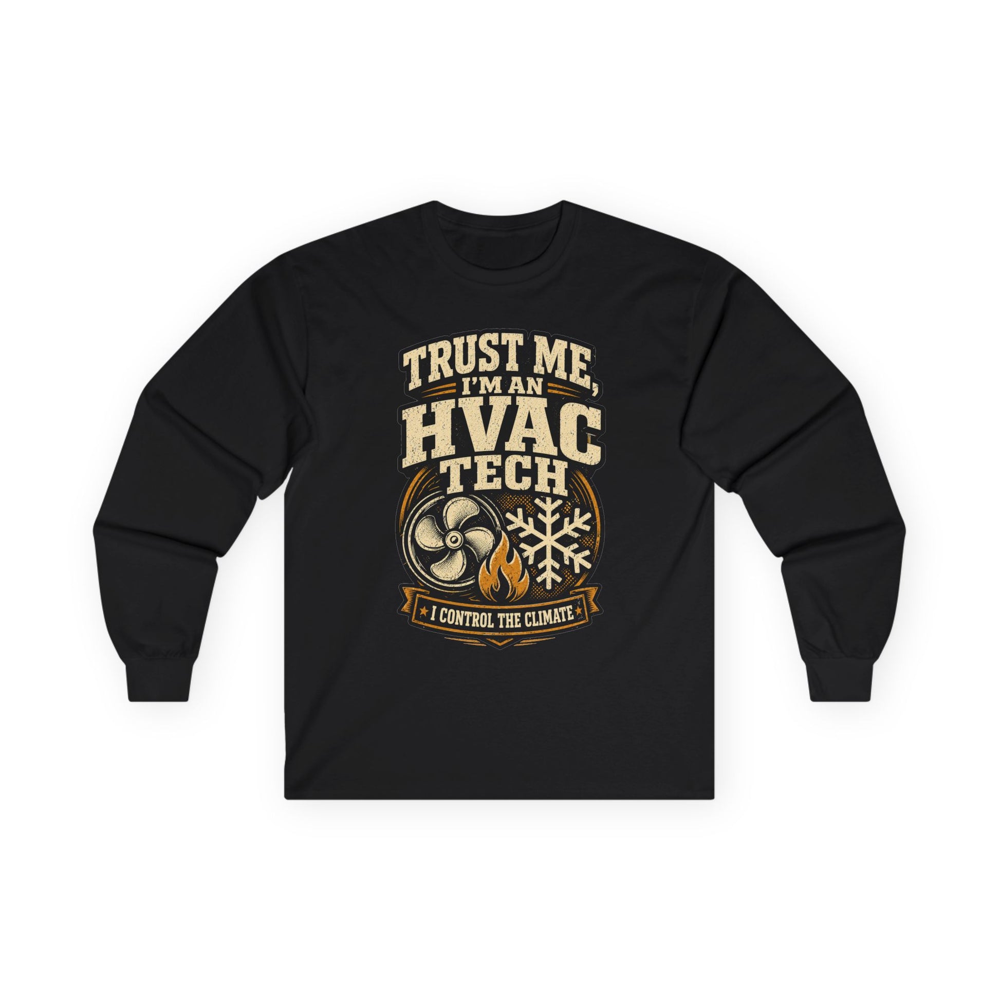 Black HVAC tech long sleeve tee with fan, flame and snowflake emblem 'Trust Me, I'm an HVAC Tech' graphic