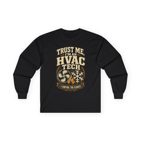 Black HVAC tech long sleeve tee with fan, flame and snowflake emblem 'Trust Me, I'm an HVAC Tech' graphic