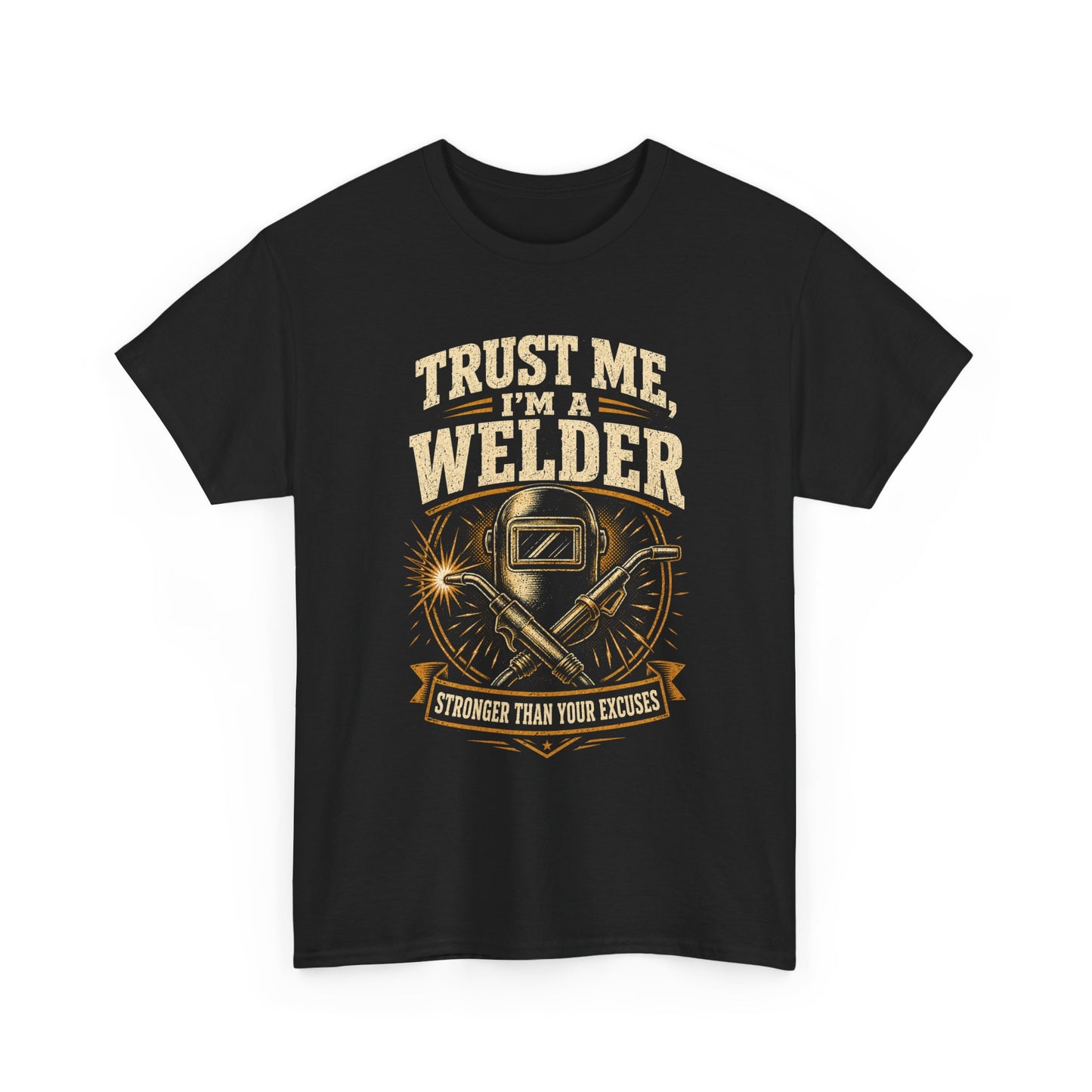 Black welder t-shirt with vintage welding helmet, crossed torches and 'Trust Me, I'm a Welder' graphic