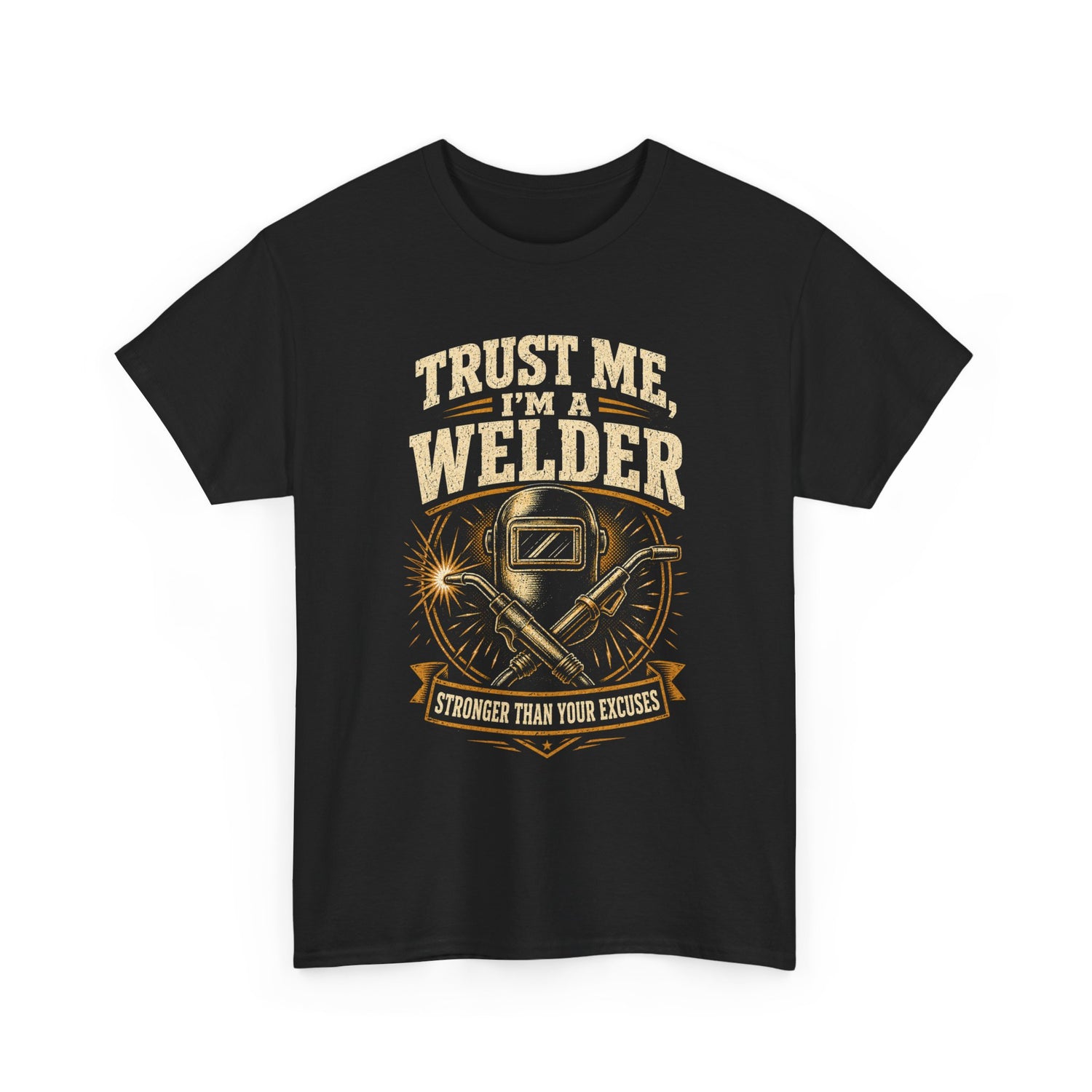 Black welder t-shirt with vintage welding helmet, crossed torches and 'Trust Me, I'm a Welder' graphic