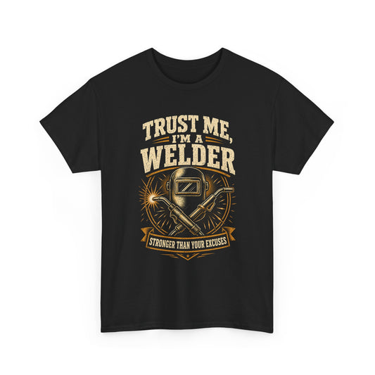 Black welder t-shirt with vintage welding helmet, crossed torches and 'Trust Me, I'm a Welder' graphic