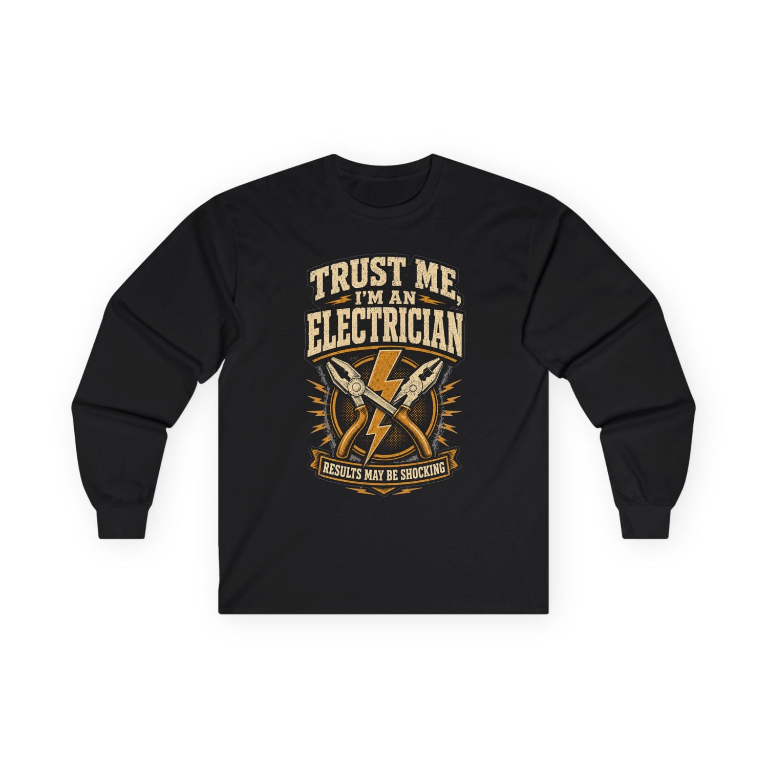 Black electrician long sleeve tee with vintage lightning bolt and crossed pliers 'Trust Me, I'm an Electrician' graphic