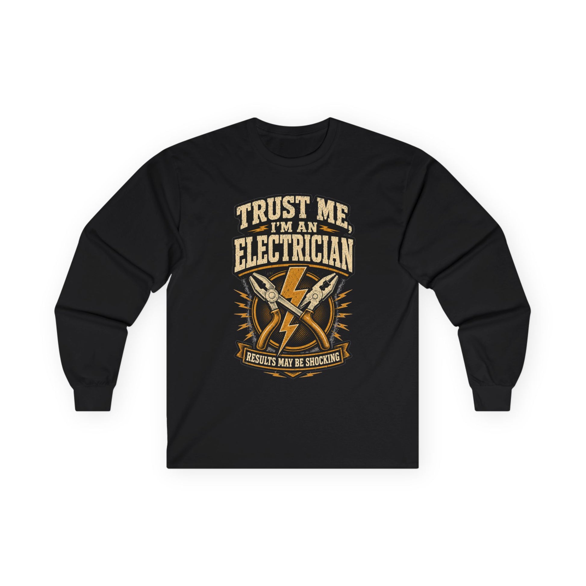 Black electrician long sleeve tee with vintage lightning bolt and crossed pliers 'Trust Me, I'm an Electrician' graphic