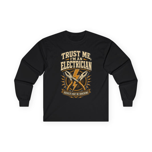 Black electrician long sleeve tee with vintage lightning bolt and crossed pliers 'Trust Me, I'm an Electrician' graphic