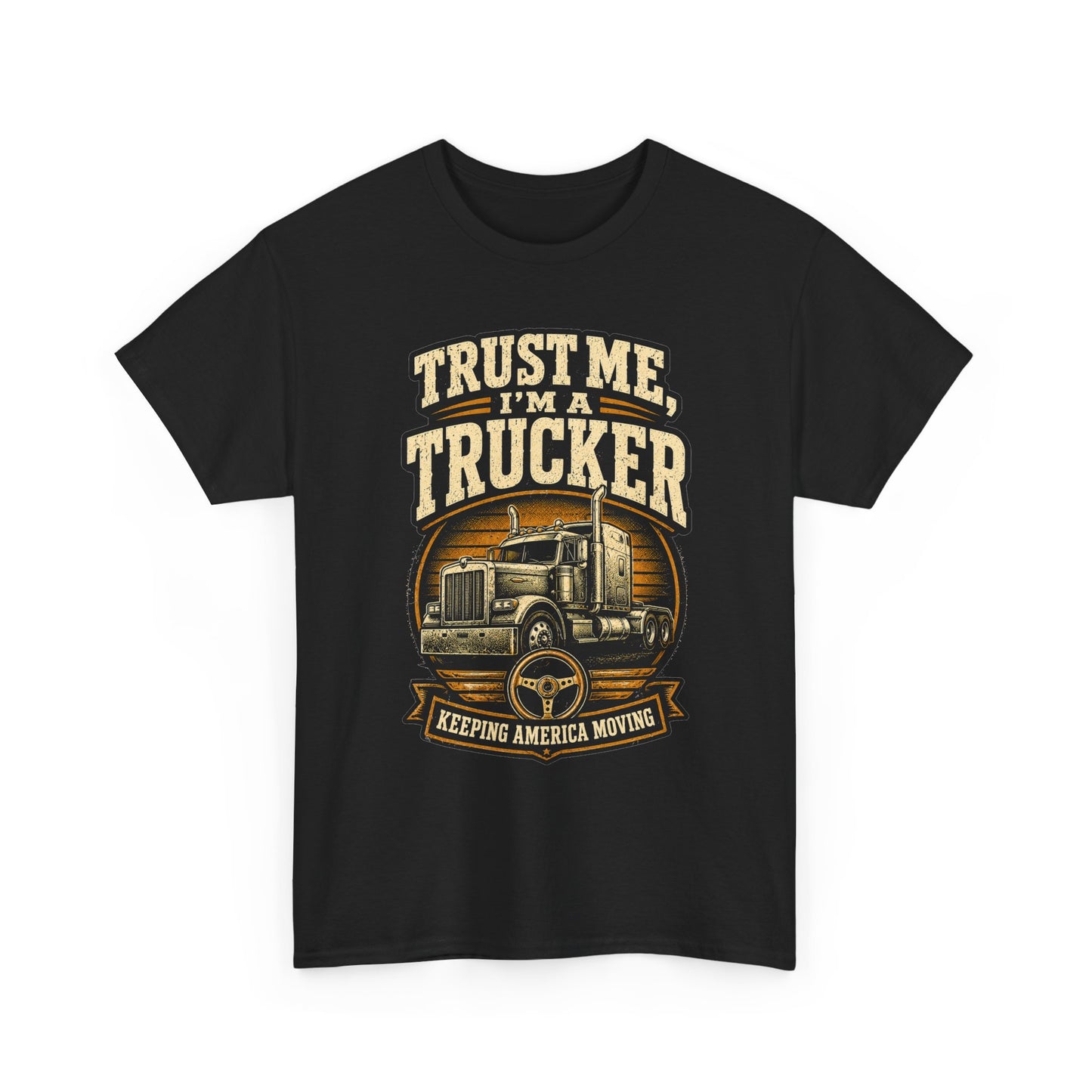 Black trucker t-shirt with vintage semi-truck graphic and 'Trust Me, I'm a Trucker' lettering