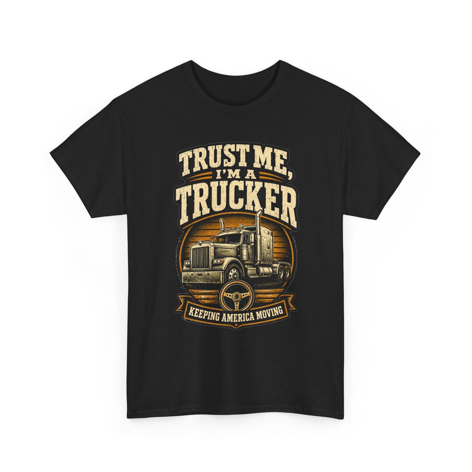 Black trucker t-shirt with vintage semi-truck graphic and 'Trust Me, I'm a Trucker' lettering
