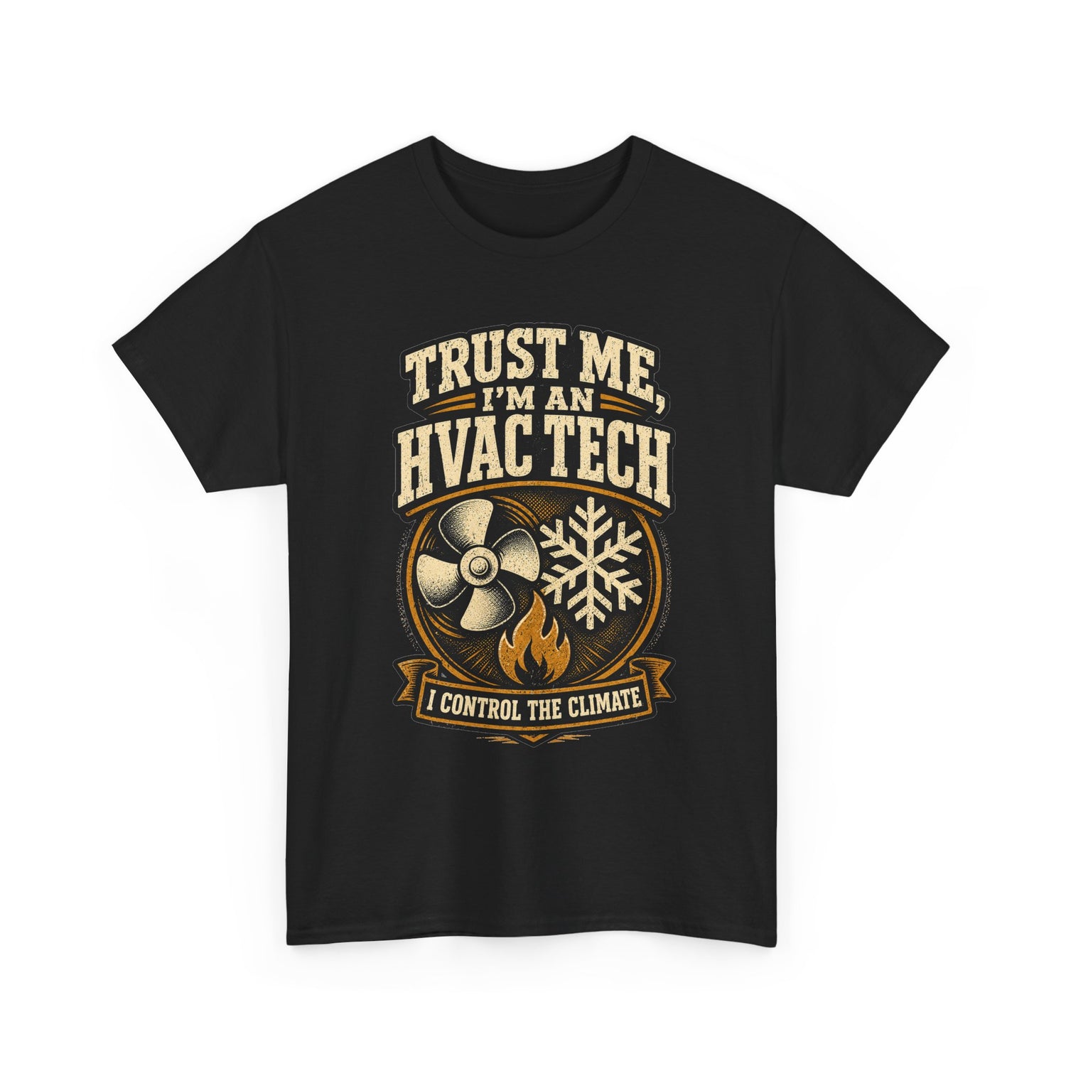 Black HVAC tech t-shirt with fan, snowflake and flame graphic and 'Trust Me, I'm an HVAC Tech' banner