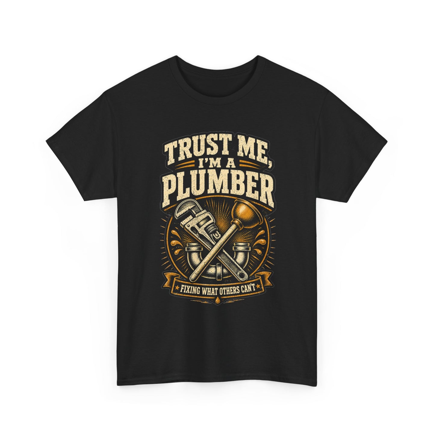Black plumber t-shirt with vintage pipe-wrench emblem and 'Trust Me, I'm a Plumber' graphic