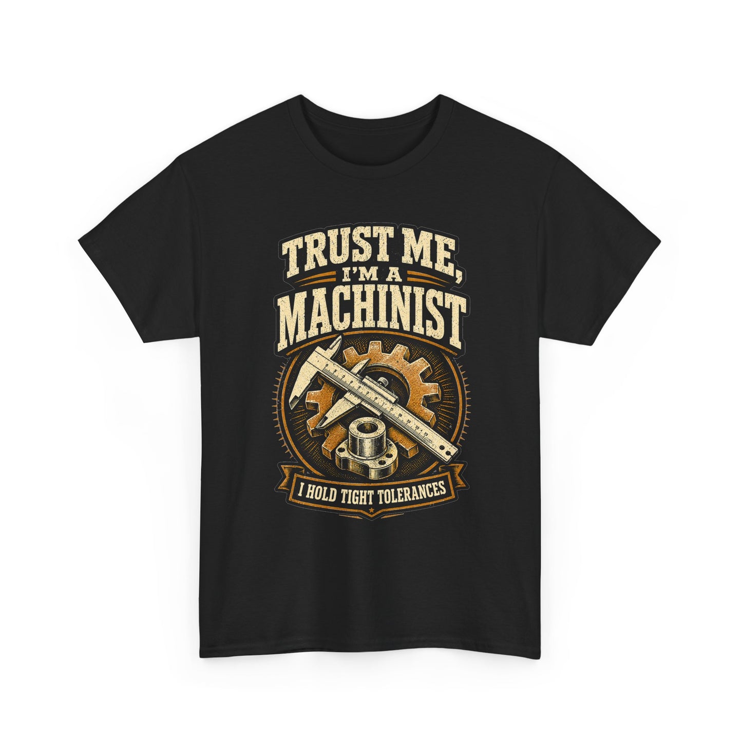 Black machinist t-shirt with vintage tool-and-gear emblem and 'Trust Me, I'm a Machinist' graphic